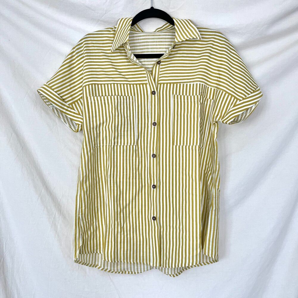 Casual Striped Short Sleeve Button Up Blouse Top S